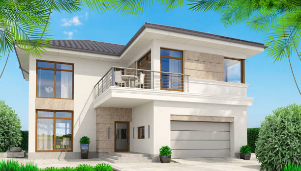 istock Modern white house with terrace and palms 1337655998