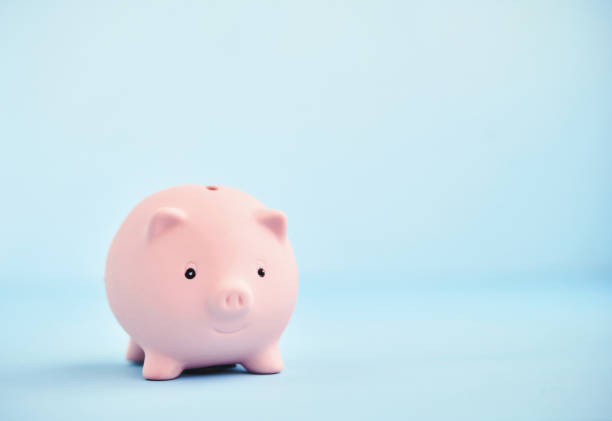 istock Small Pink Piggy Bank Smiling on Blue Background 1337657173