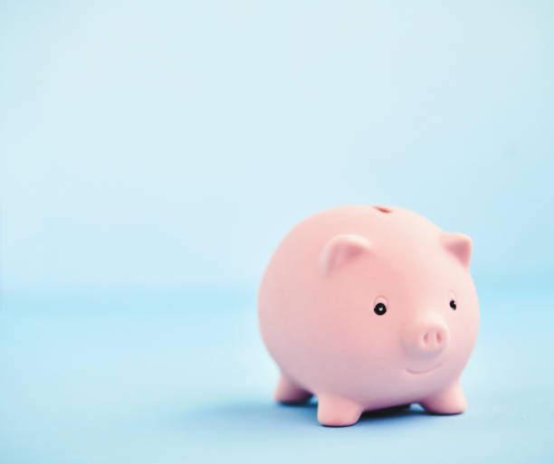 istock Small Pink Piggy Bank Smiling on Blue Background 1337657237