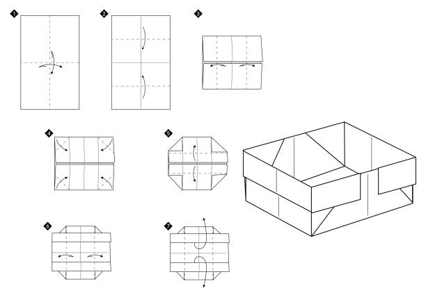 Step by step tutorial how to make origami box How to make origami box. Step by step black and white simple DIY instructions. Outline monochrome vector illustration. origami instructions stock illustrations