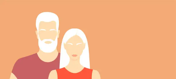 Vector illustration of Albino woman and man on a soft orange background with copy space
