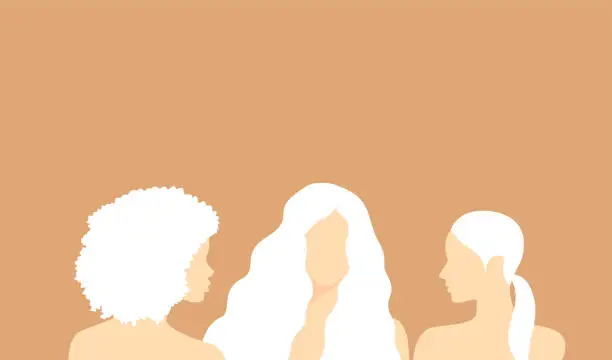 Vector illustration of Three beautiful albino women on a soft orange background with copy space