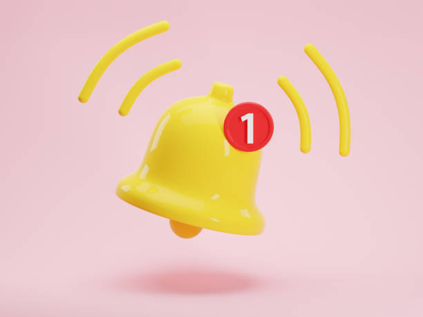 istock 3d render icon of glossy yellow notification bell with one new message isolated on pink background. Social media notice event reminder. 3d rendering illustration, concept of notification message 1337661032