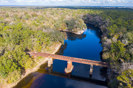 Drone angle view of bridge over Suwannee River in Florida.