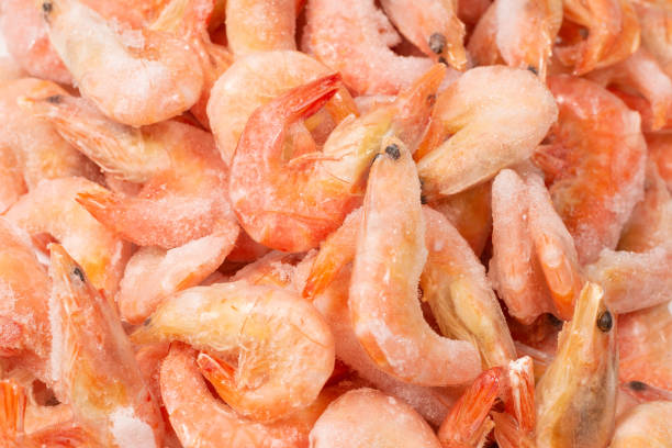 istock Fresh shrimps in ice. Top view. 1337664576