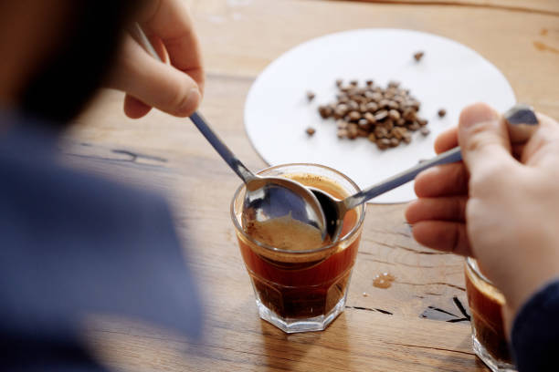 Freshly brewed coffee examine close up stock photo