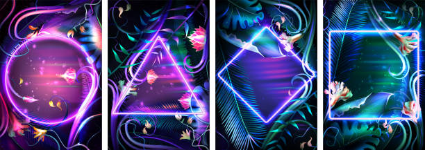 Tropical background with neon frames of different geometric shapes Set of tropical neon frames. Floral background with glowing tropic leaves and illuminated border of different geometric shapes. Bright palm leaf and exotic plants realistic vector illustration. glowing leaves stock illustrations