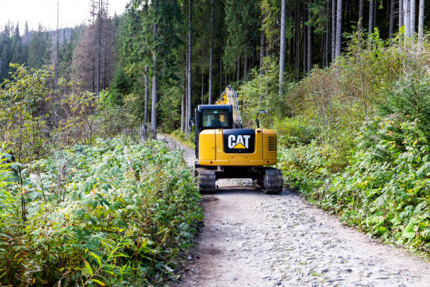 escavatore giallo che guida su un sentiero di montagna nella foresta di conifere nei monti tatra, in polonia. - caterpillar truck foto e immagini stock