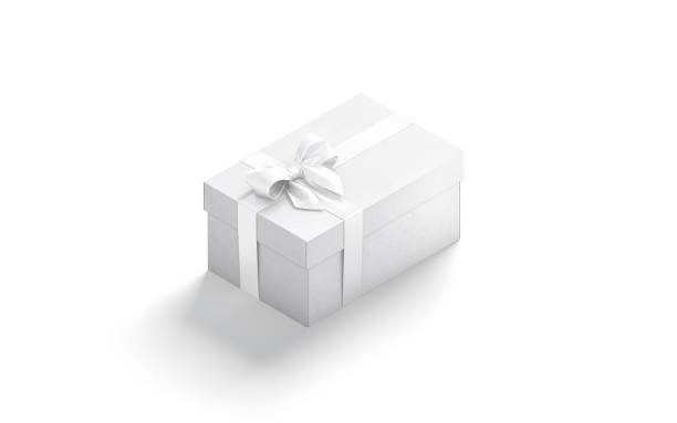 Blank white gift box with ribbon bow mockup, side view Blank white gift box with ribbon bow mockup, side view, 3d rendering. Empty big carton care package for unexpected surprise mock up, isolated. Clear handmade mystery container template. unusual basket stock pictures, royalty-free photos & images