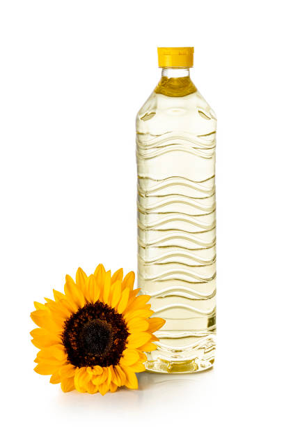 sonnenblumenölflasche isoliert auf weißem hintergrund - sunflower seed oil stock-fotos und bilder