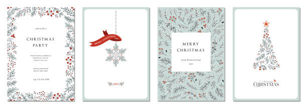 Universal Christmas Templates_01 Merry Christmas and Happy Holidays cards with New Year tree, snowflake, floral frames and backgrounds. Ornate modern universal artistic templates. christmas card template stock illustrations