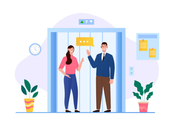 Office staff wait elevator in business center hall Office staff waiting elevator in business center hall company. Neighbors in apartment house has small talk while waiting for high-speed elevator. Flat vector cartoon illustration concept lift stock illustrations