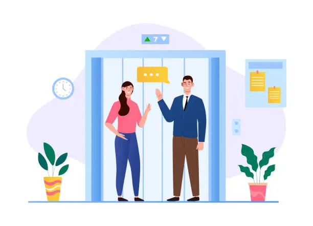 Vector illustration of Office staff wait elevator in business center hall