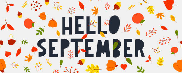 istock Hand drawn typography lettering phrase Hello, September isolated on the white background with golden wreath. Fun brush ink calligraphy inscription for greeting and invitation card or print design 1337675098