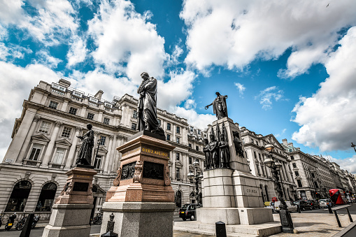 London, UK - 9th of August 2019: A side view of the Crimean war memorial with the buildings around it
