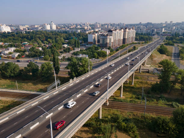 istock Overhead view of intersection Streets railway crossroad Aerial View 1337680086