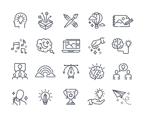 Creative icon collection. Line art stickers with metaphor of new idea, brainstorming, teamwork, tool, inspiration and drawing. Design element for website. Flat vector set isolated on white background