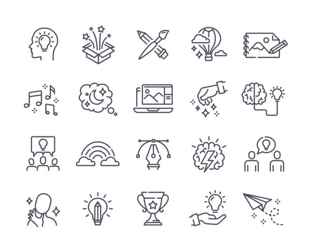 Creative icon collection Creative icon collection. Line art stickers with metaphor of new idea, brainstorming, teamwork, tool, inspiration and drawing. Design element for website. Flat vector set isolated on white background dreamlike stock illustrations