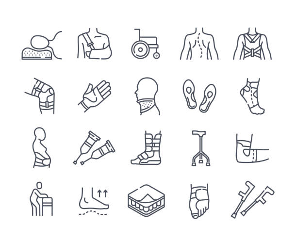 Medical Orthopedic Icons Medical Orthopedic Icons. Line of art stickers with various injuries of bones and joints. Body parts with bandages. Design elements for web. Cartoon flat vector set isolated on white background human spine stock illustrations