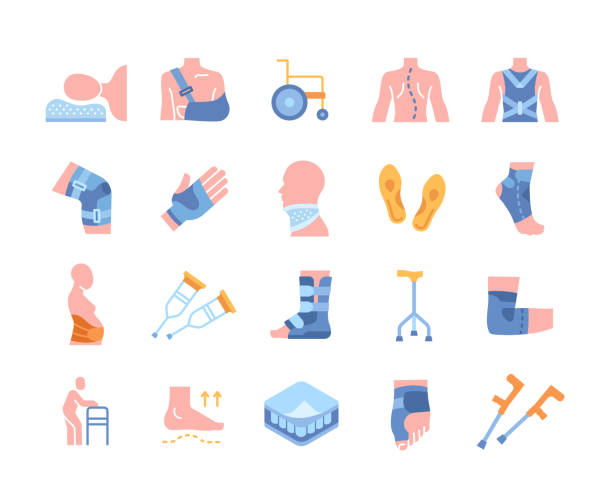 Set of colored icons with immobilization techniques Set of colored icons with immobilization techniques. Stickers with splints, supporting tools, bandages. Design elements for applications. Cartoon flat vector collection isolated on white background arm sling stock illustrations