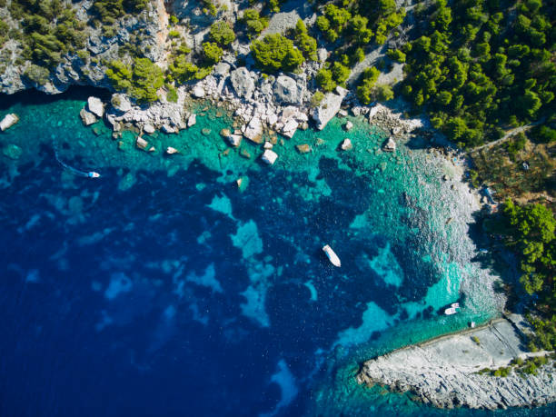 Drone view of a small, secluded cove beach Shot on a Mavic Air 2 hvar photos stock pictures, royalty-free photos & images