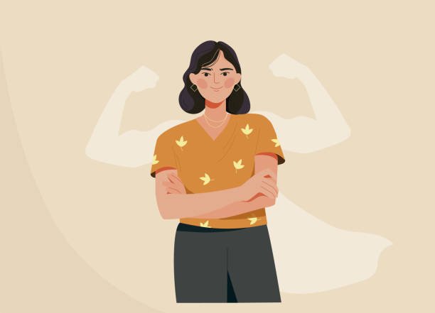 Strong woman concept Strong woman concept. Confident, happy female character with shadow showing off her biceps. Metaphor for feminism and independence. Cartoon flat vector illustration isolated on beige background portrait stock illustrations
