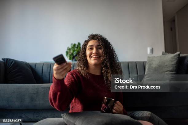 Woman Watching Television Stock Photo - Download Image Now - Watching TV, Television Set, Watching