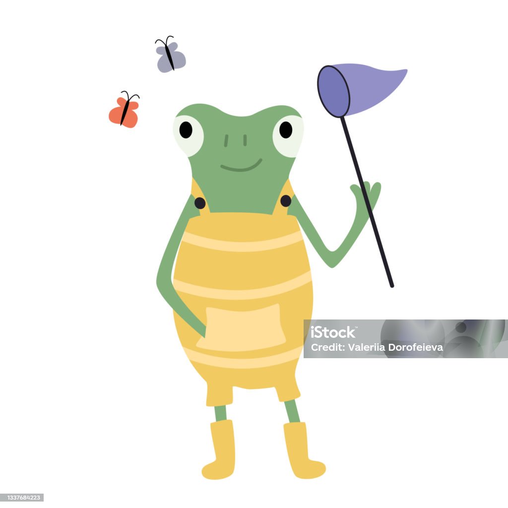 Cartoon Green Frog In A Yellow Jumpsuit With A Net Catching Butterflies  Vector Flat Illustration Stock Illustration - Download Image Now - iStock
