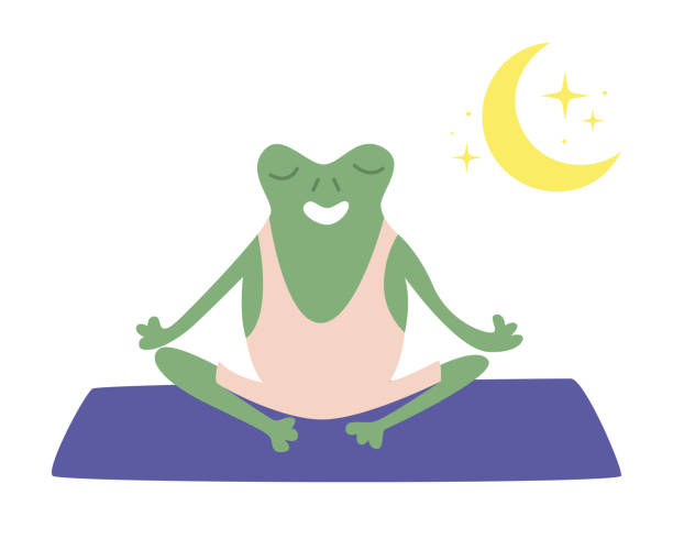 ilustrações, clipart, desenhos animados e ícones de um sapo verde atlético em um uniforme atlético medita em um tapete. ilustração plana vetorial. - white background yoga backgrounds relaxation exercise