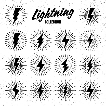 Set of vintage lightning bolts and sunrays on grunge background. Lightnings with sunburst effect. Thunderbolt, electric shock sign. Vector illustration