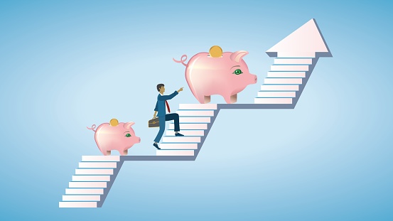 Man climbing higher and higher to bigger and bigger piggy bank. Stairway to success. Plan for growth. Dimension 16:9. EPS10.