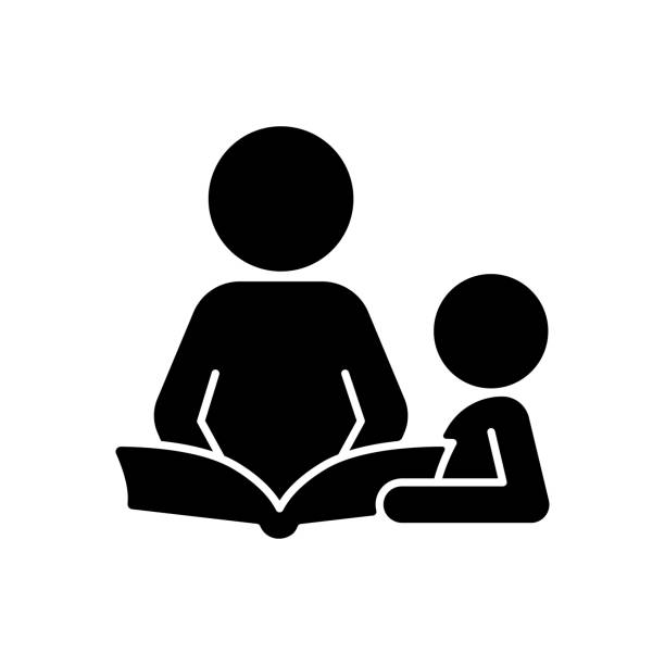 ilustraciones, imágenes clip art, dibujos animados e iconos de stock de libro de lectura con icono de glifo negro infantil - icono niño leyendo