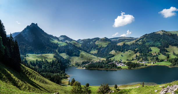 панорамный пейзаж вокруг черного озера, швейцария - fribourg стоковые фото и изображения