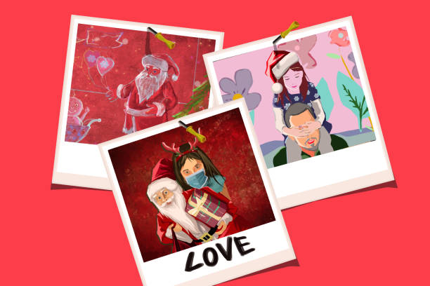 ilustraciones, imágenes clip art, dibujos animados e iconos de stock de recuerdos navideños en imágenes polaroid - christmas tree family winter art