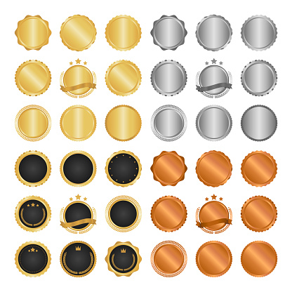 Collection of modern, gold circle metal badges, labels and design elements. Vector illustration.
