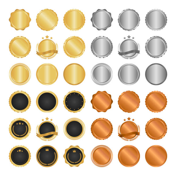 Collection of modern, gold circle metal badges, labels and design elements. Vector illustration vector art illustration