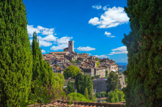 Beautiful medieval architecture of Saint Paul de Vence town in French Riviera, France on a sunnry summer day stock photo