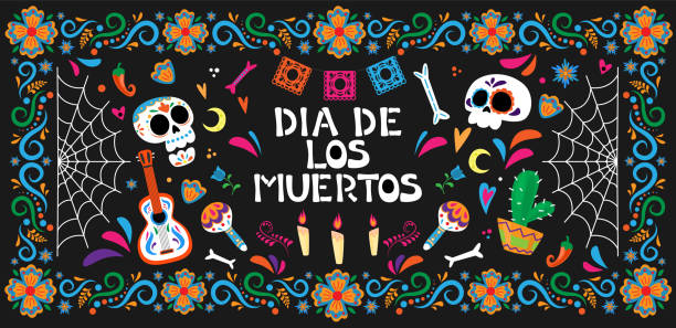 ilustraciones, imágenes clip art, dibujos animados e iconos de stock de día de los muertos - cartel de celebración del día de muertos. conjunto de objetos tradicionales mexicanos. - dia de muertos