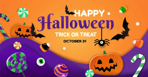 Vector illustration of Happy Halloween banner with sweets, pumpkin, bats and spider. Vector illustration.