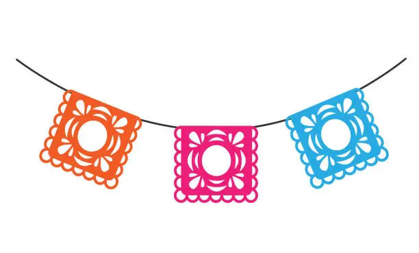 Vector illustration of Dia de los Muertos - Day of the dead. Cut out mexican Papel Picado decoration.