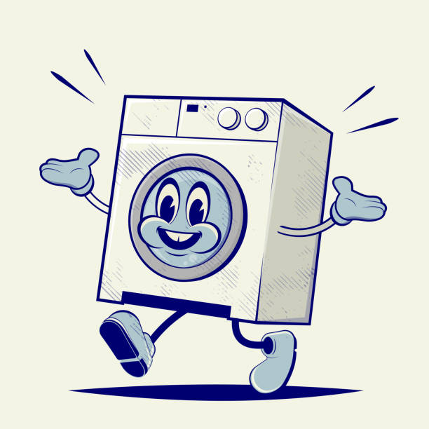 retro kreskówkowa ilustracja zabawnej pralki - washing machine stock illustrations