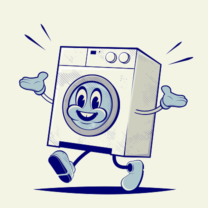 retro cartoon illustration of a funny washing machine