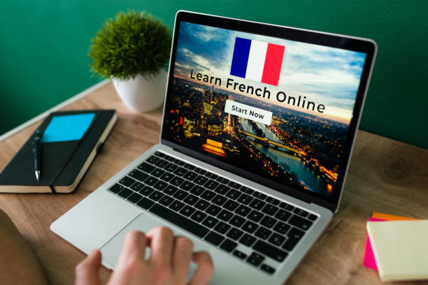 young man studying french online - 法語 個照片及圖片檔