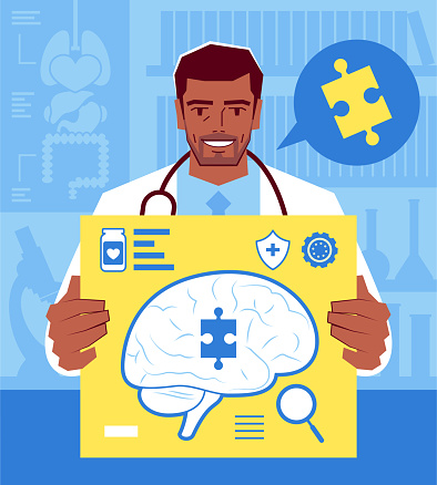 Healthcare and medicine characters vector art illustration.
The confident mature doctor shows the Solution for Alzheimer's or Secrets of the Brain.