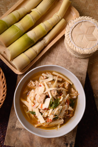 local thai food, fermented bamboo shoot spicy soup with pork - bamboo shoot imagens e fotografias de stock