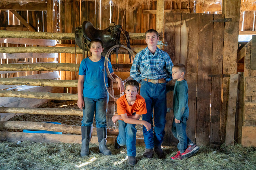 Portrait of Four Young brothers posing inside a rustic barn on a ranch in the rocky mountains of colorado near telluride