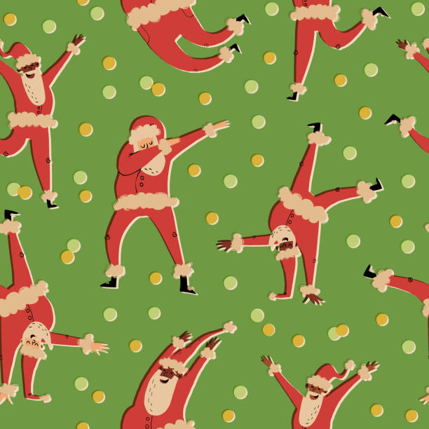 weihnachten, neujahr nahtloses muster mit verschiedenen ethnischen weihnachtsmännern tanzen, tupfen, springen, breakdance. handgezeichnete vektorillustration für textilien, stoffdruck, geschenkpapier und andere. - christmas paper stock-grafiken, -clipart, -cartoons und -symbole