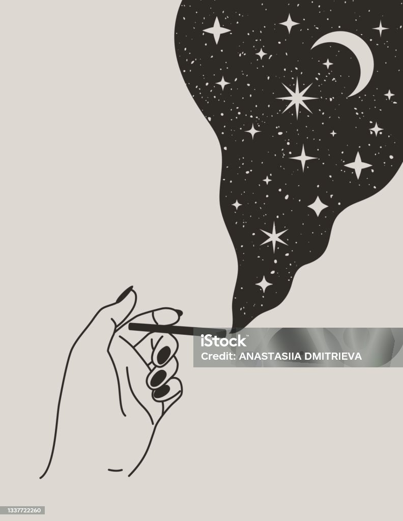 トレンディなボホスタイルで月と星とタバコを保持神秘的な女性の手。ベクトル・イラストレーション - 占星術のロイヤリティフリーベクトルアート