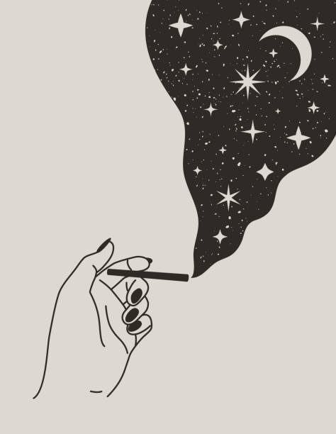 Mystical Female Hand holding cigarette with Moon and Stars in Trendy Boho Style. Vector ilustration Mystical Female Hand holding cigarette with Moon and Stars in Trendy Boho Style. Vector ilustration for wall print, t-shirt, tattoo Design, for social media post and stories hand drawing background stock illustrations