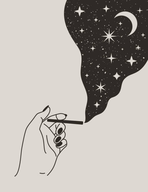 Mystical Female Hand holding cigarette with Moon and Stars in Trendy Boho Style. Vector ilustration Mystical Female Hand holding cigarette with Moon and Stars in Trendy Boho Style. Vector ilustration for wall print, t-shirt, tattoo Design, for social media post and stories people smoking drawing stock illustrations